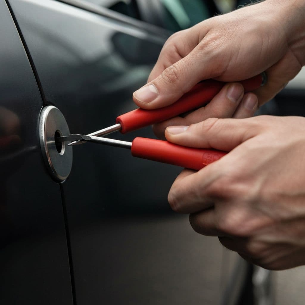 Locksmith working on a car door lock